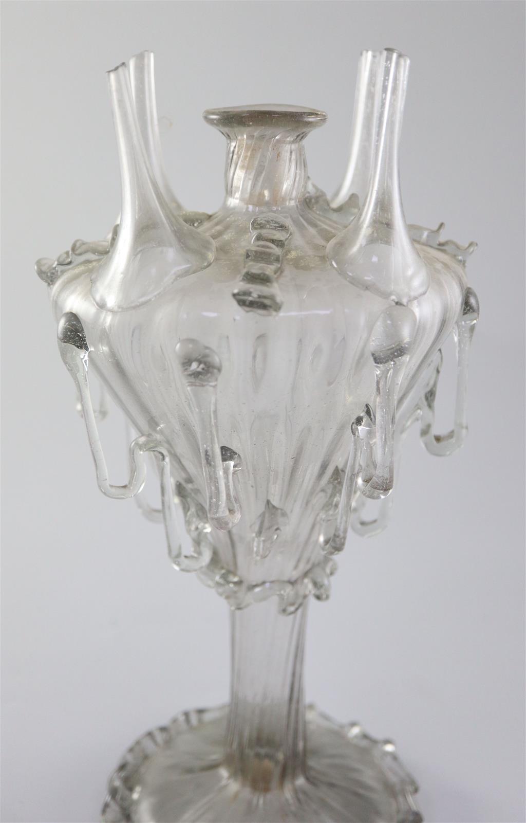 A Spanish glass rosewater sprinkler, almorratxa, 18th century, 27cm high